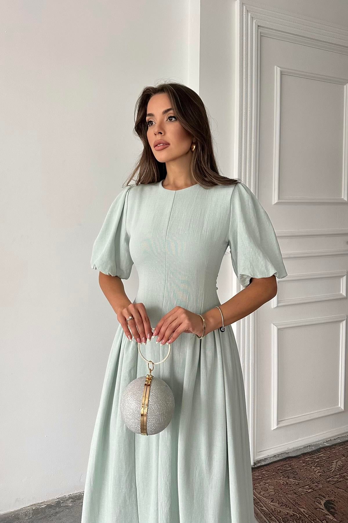 Toptan Mint Arkadan Bağlamalı Büzgülü Keten Elbise