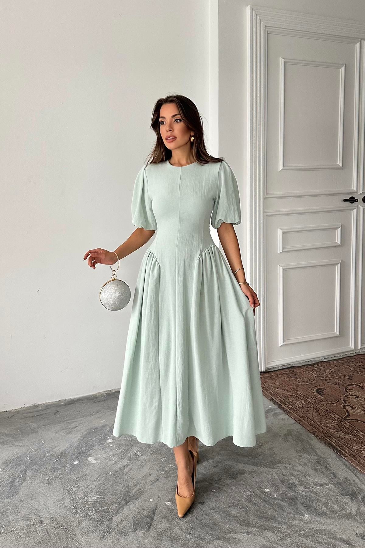 Toptan Mint Arkadan Bağlamalı Büzgülü Keten Elbise