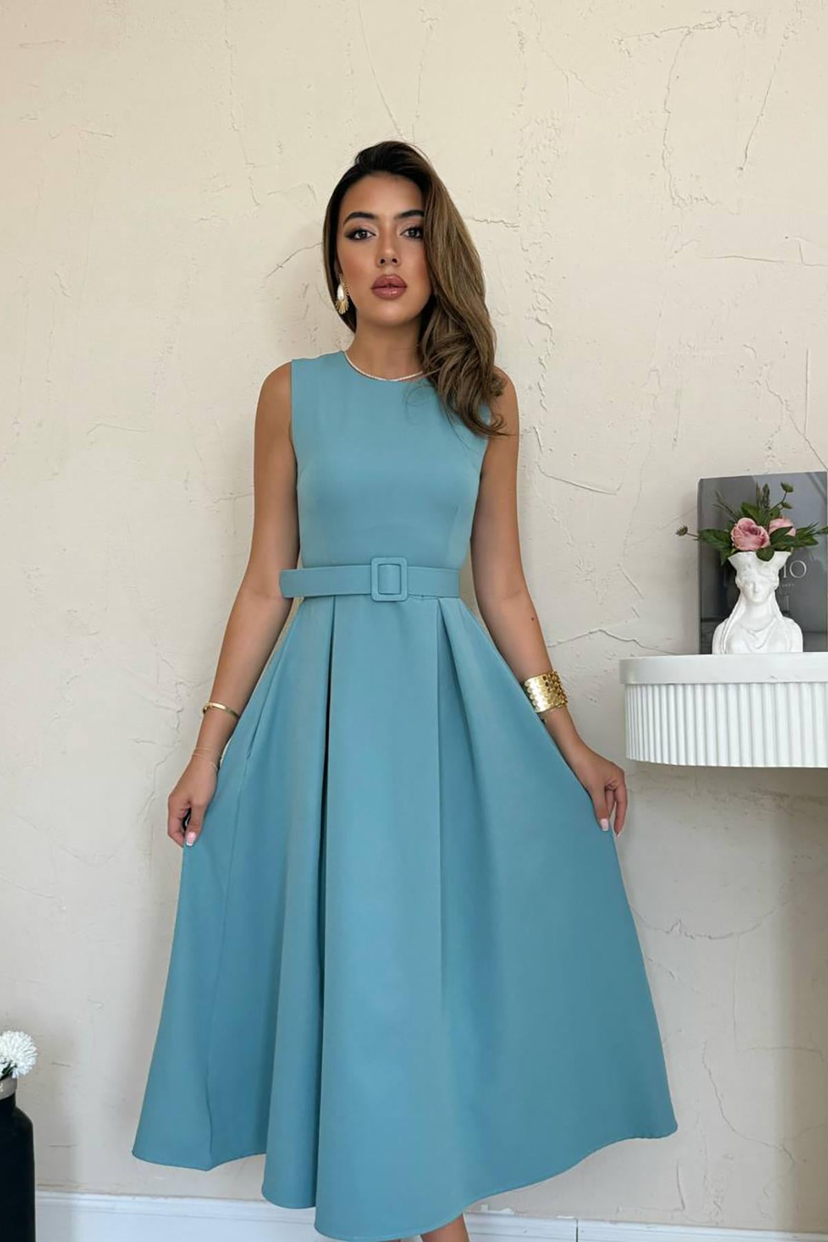 Toptan Mint Halter Yaka Kloş Elbise