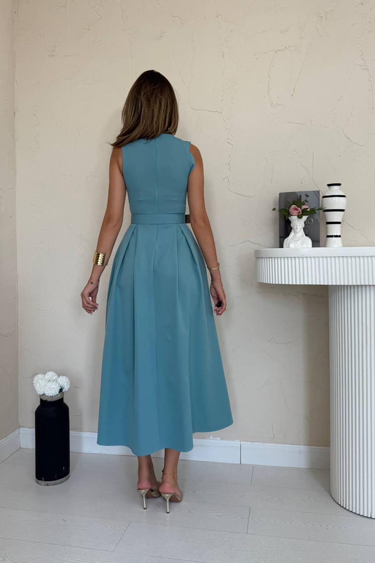 Toptan Mint Halter Yaka Kloş Elbise