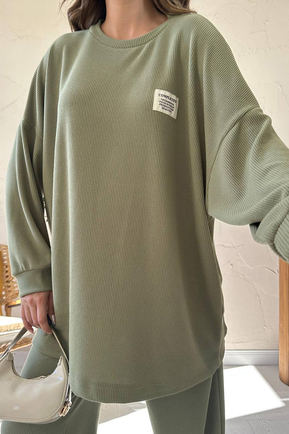 Toptan Mint Klasik Fitilli Kazak Ve Pantolon Takım