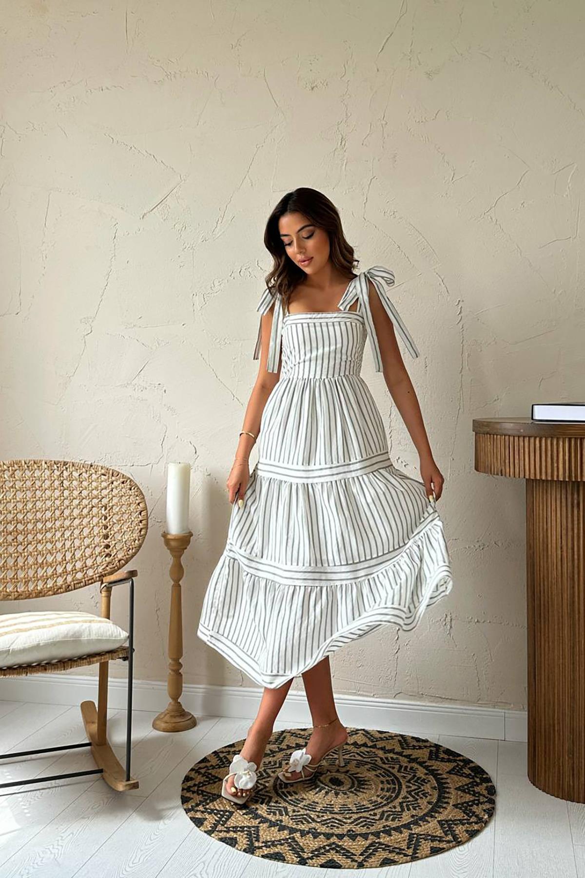 Toptan Mint Omuzdan Bağlamalı Çizgili Elbise Mint L