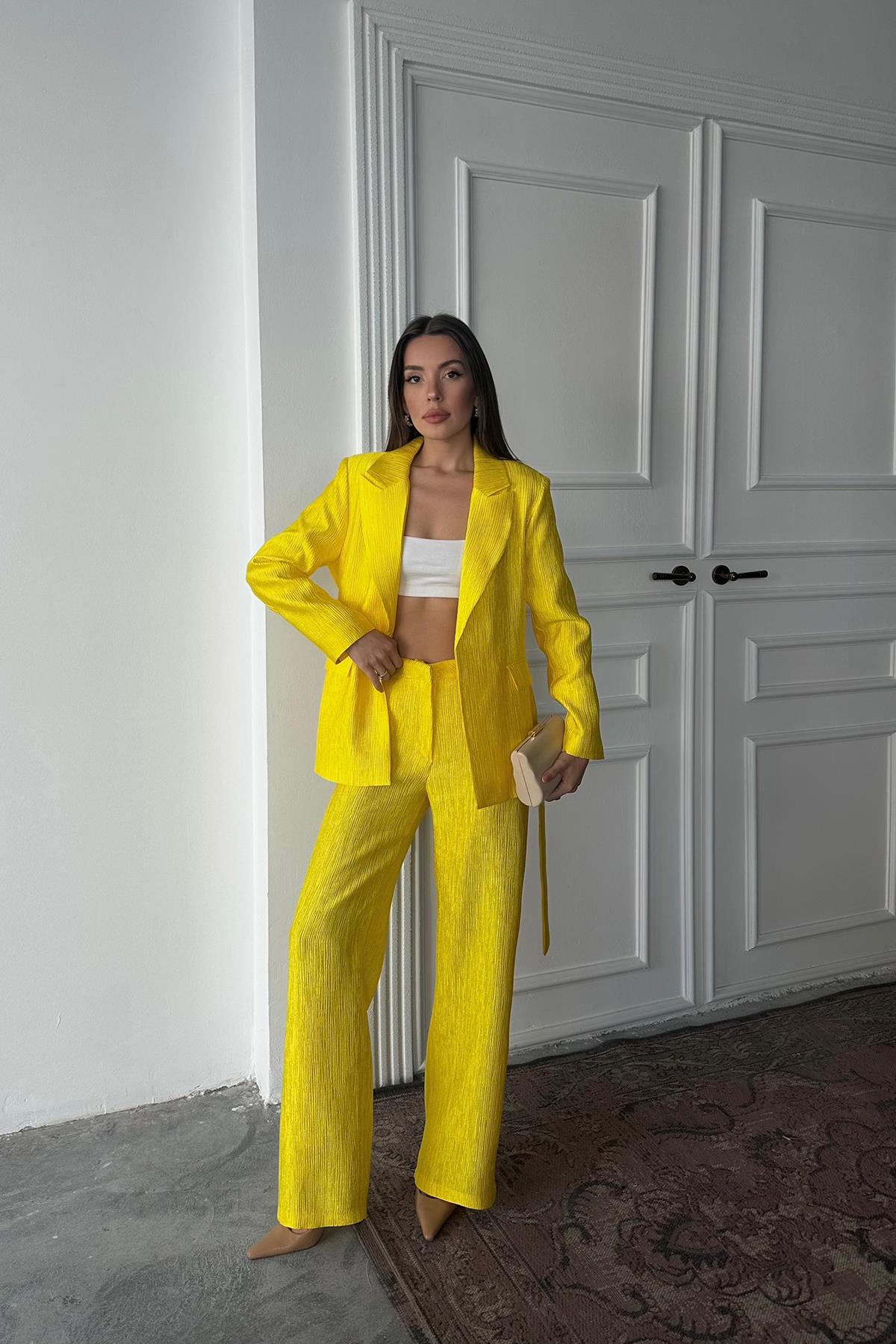 Toptan Neon Beli Kuşaklı Ceket Ve Pantolon Parlak Takım