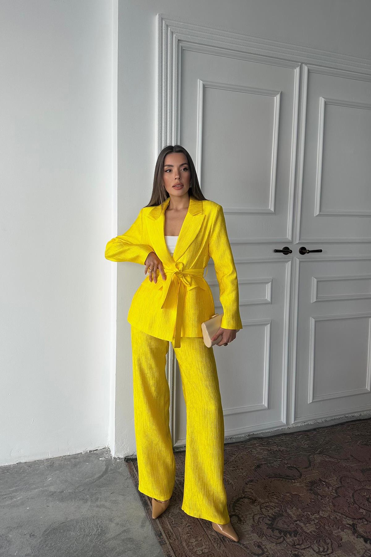 Toptan Neon Beli Kuşaklı Ceket Ve Pantolon Parlak Takım Neon L