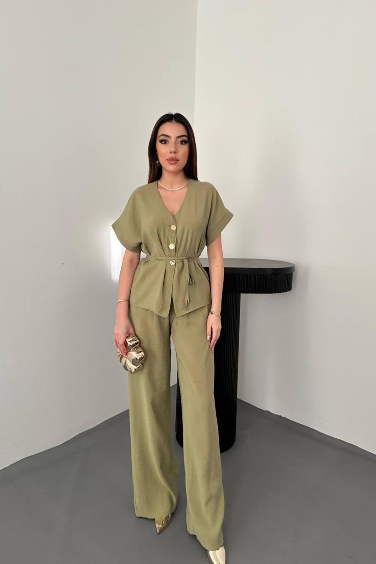 Toptan Olive Düğme Detaylı İkili Modal Takım Olive L