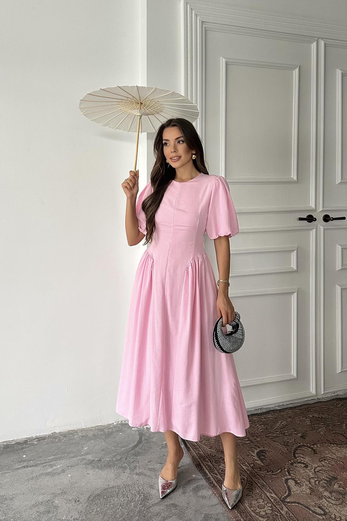 Toptan Pembe Arkadan Bağlamalı Büzgülü Keten Elbise