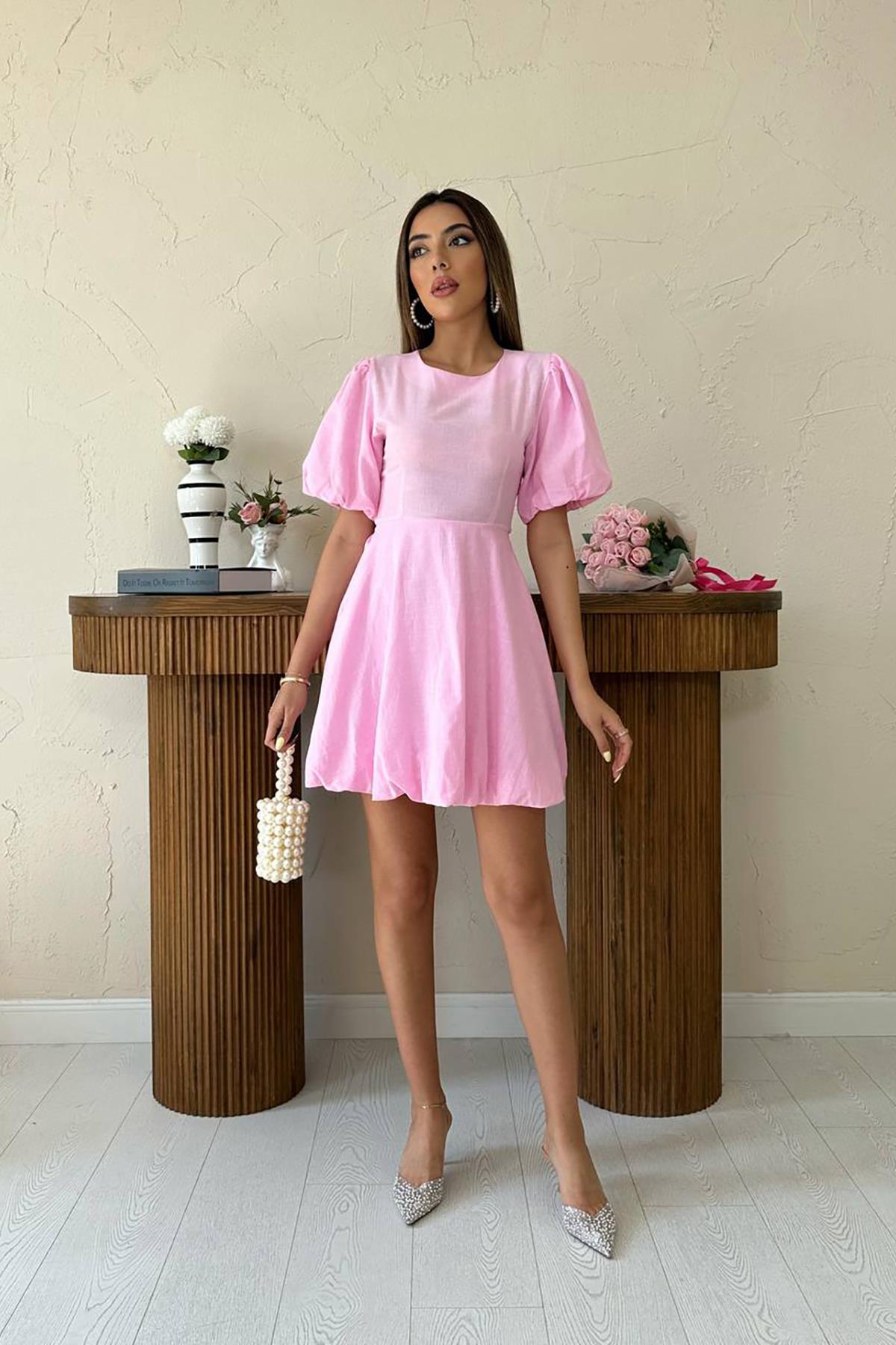 Toptan Pembe Arkadan Bağlamalı Keten Elbise Pembe L