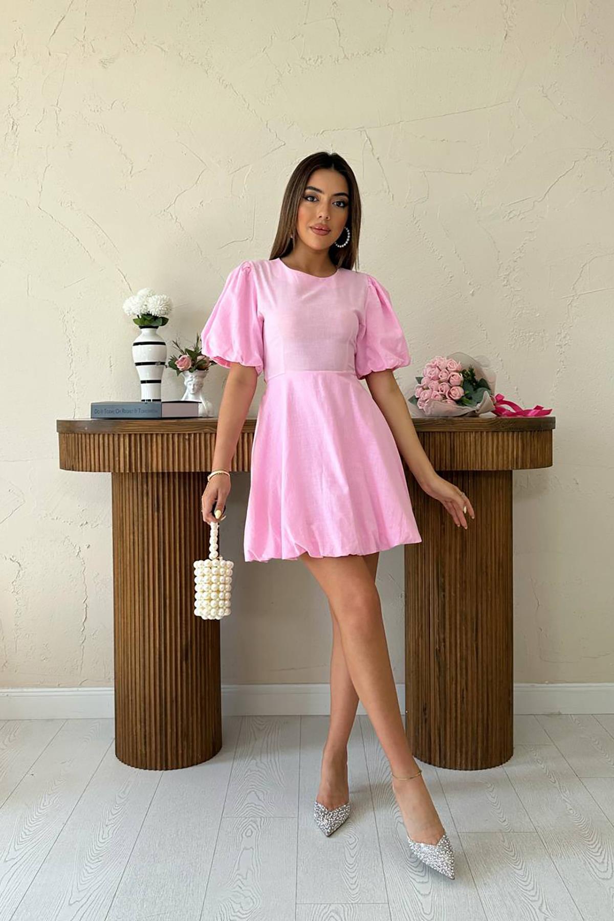 Toptan Pembe Arkadan Bağlamalı Keten Elbise