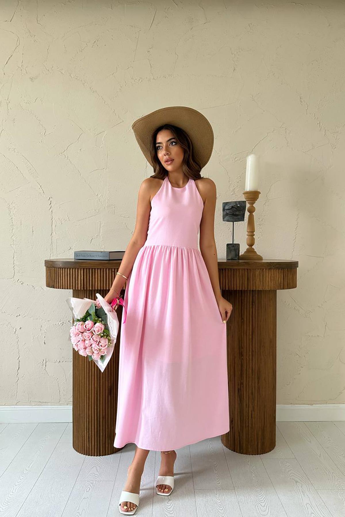 Toptan Pembe Arkası Gipeli Keten Elbise Pembe L