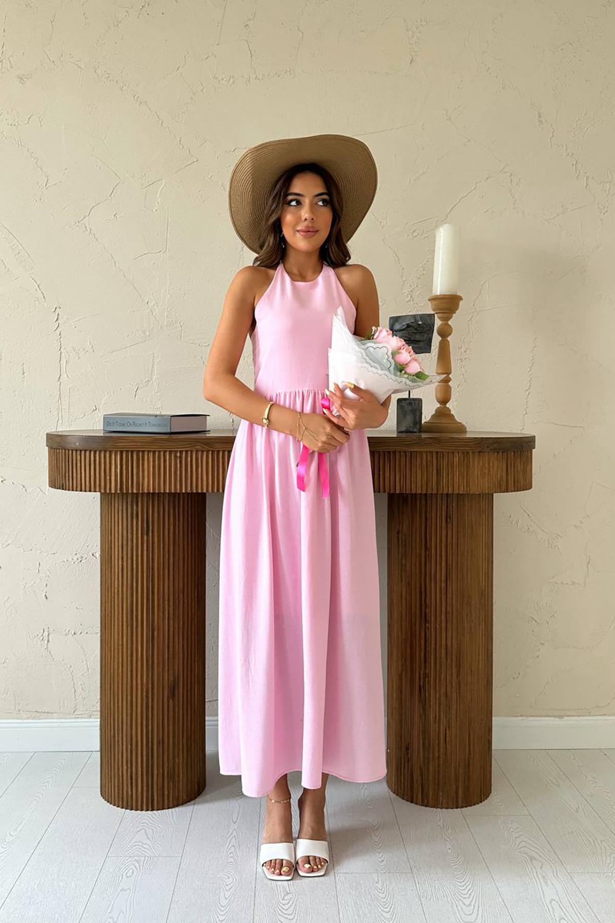 Toptan Pembe Arkası Gipeli Keten Elbise