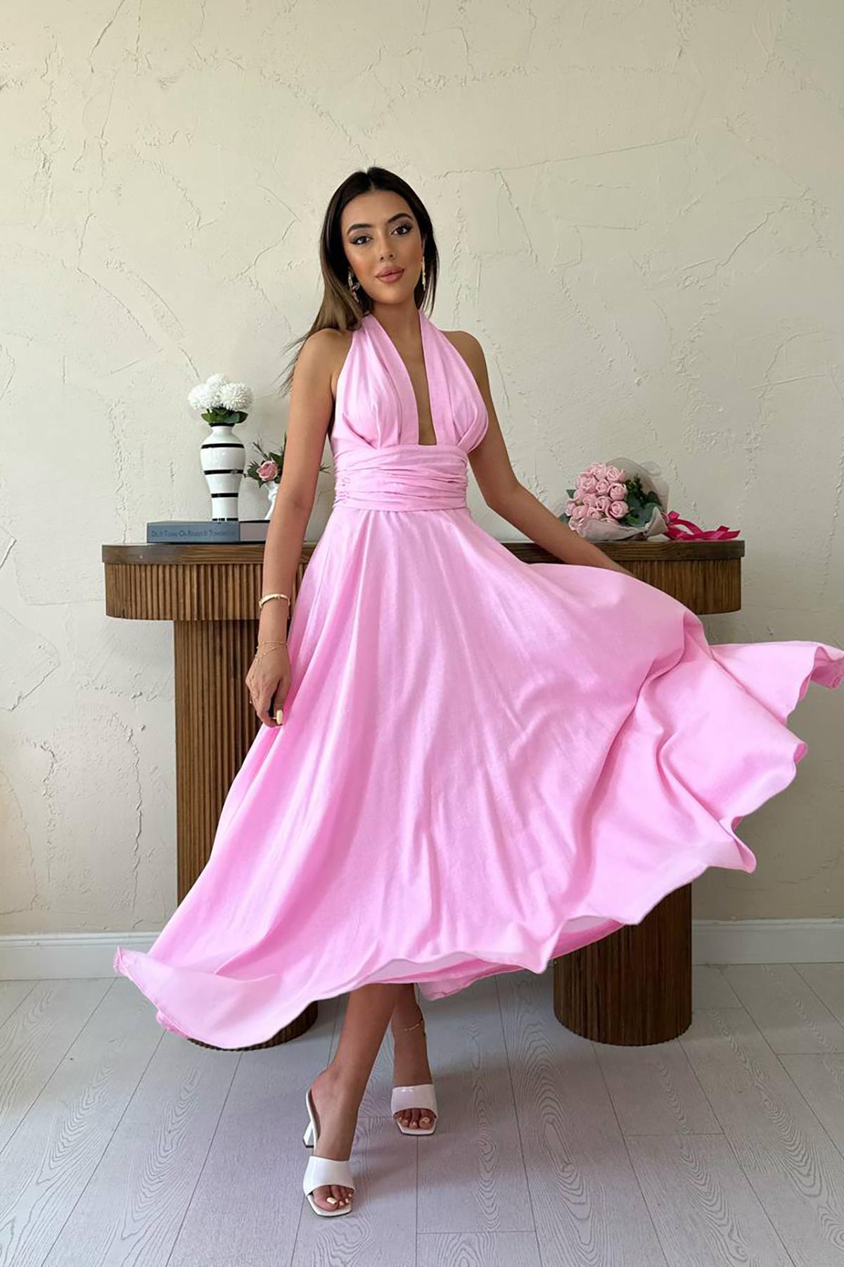 Toptan Pembe Askılı Keten Elbise Pembe L