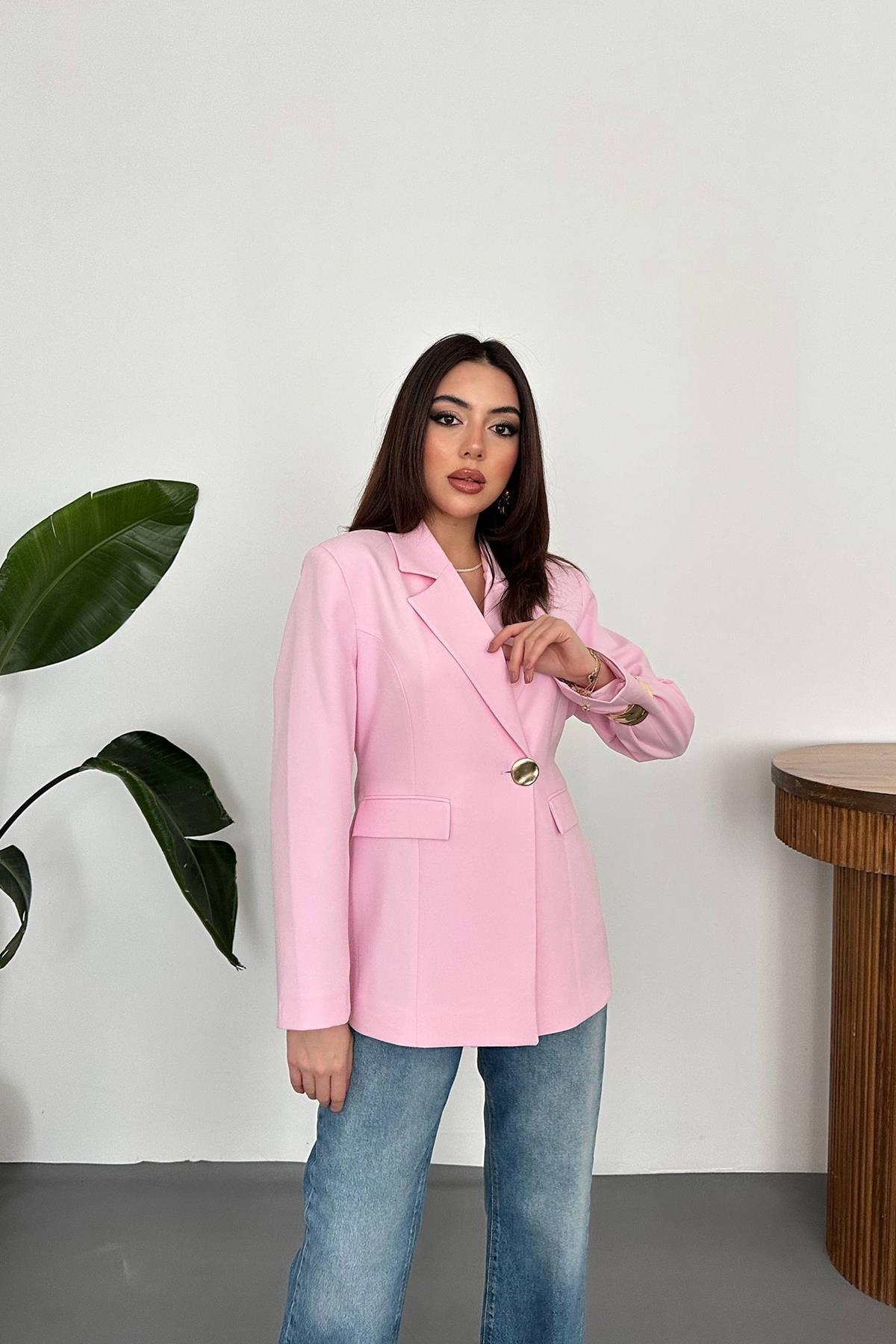 Pembe Belden Oturtmalı Blazer Ceket
