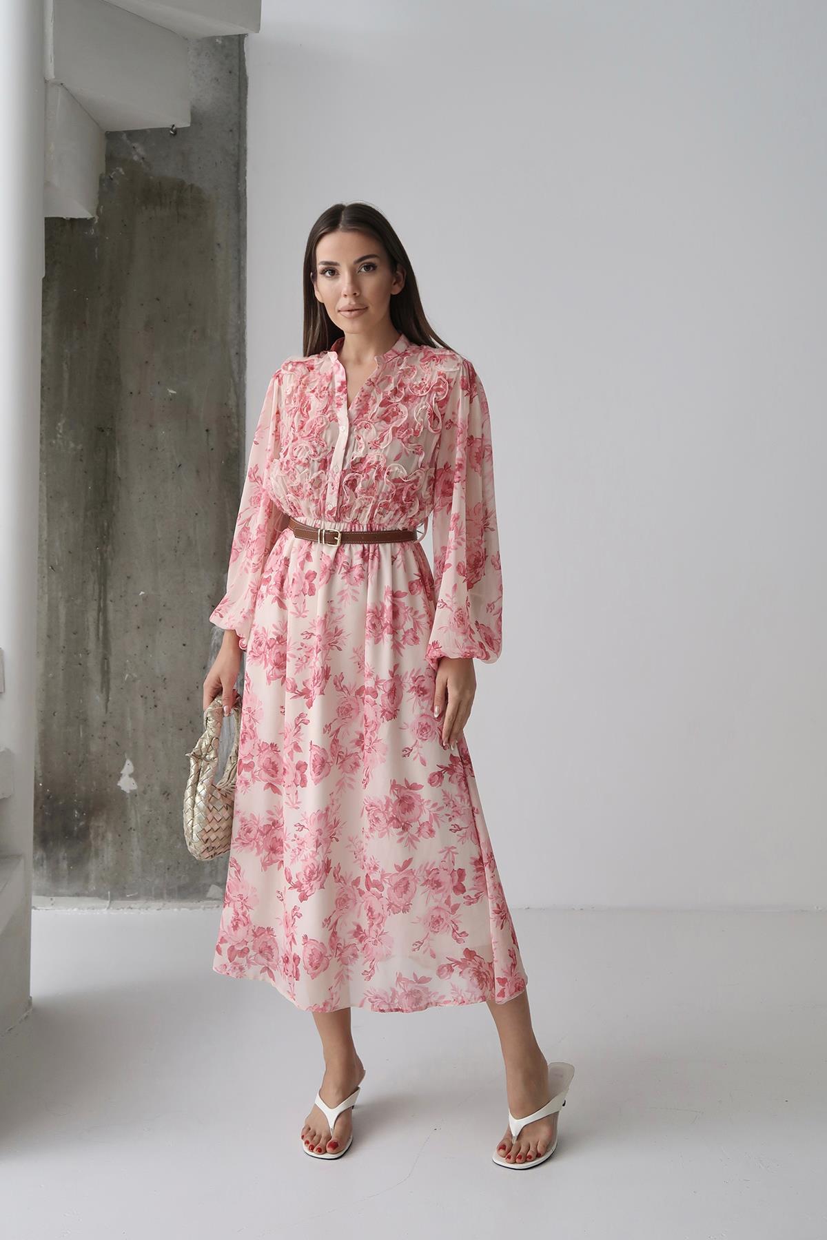 Toptan Pembe Biye Detaylı Elbise Pembe L