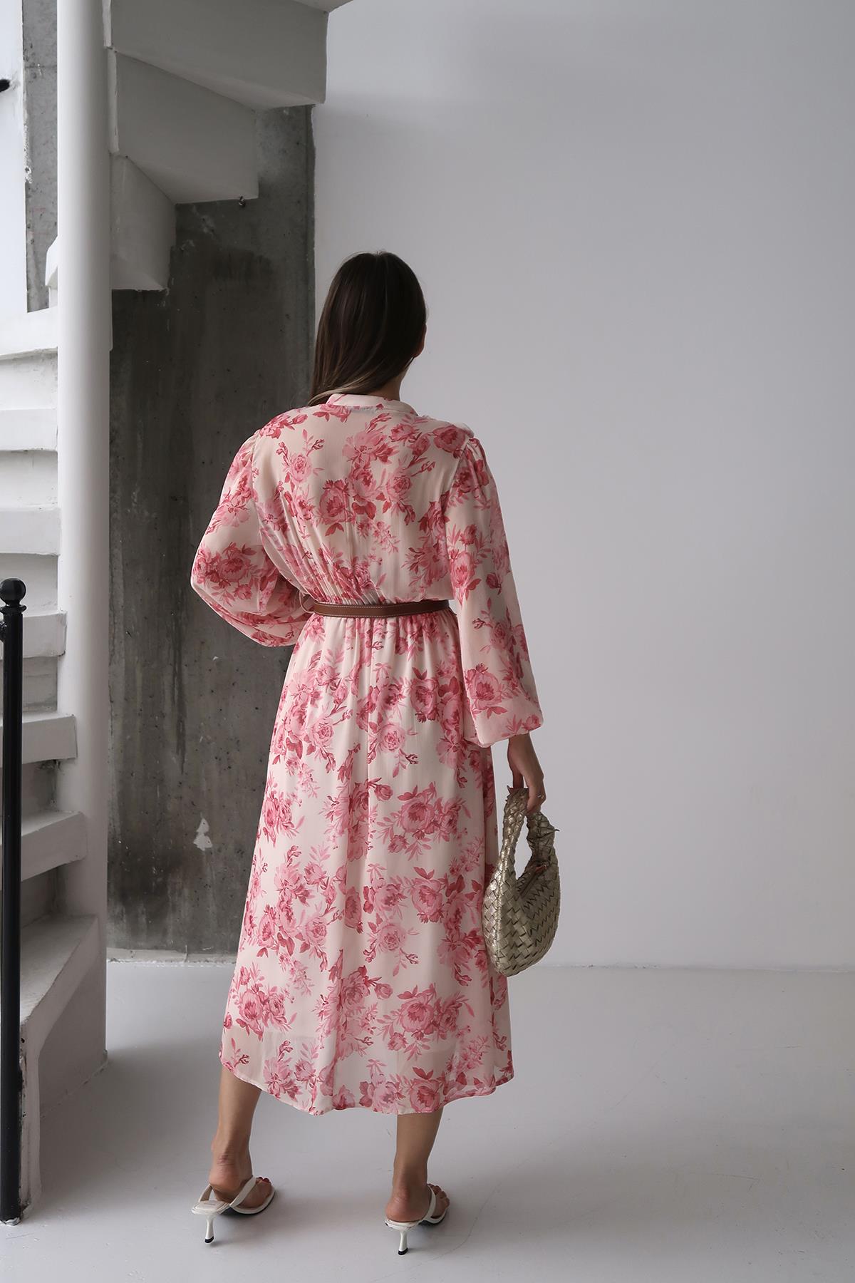 Toptan Pembe Biye Detaylı Elbise