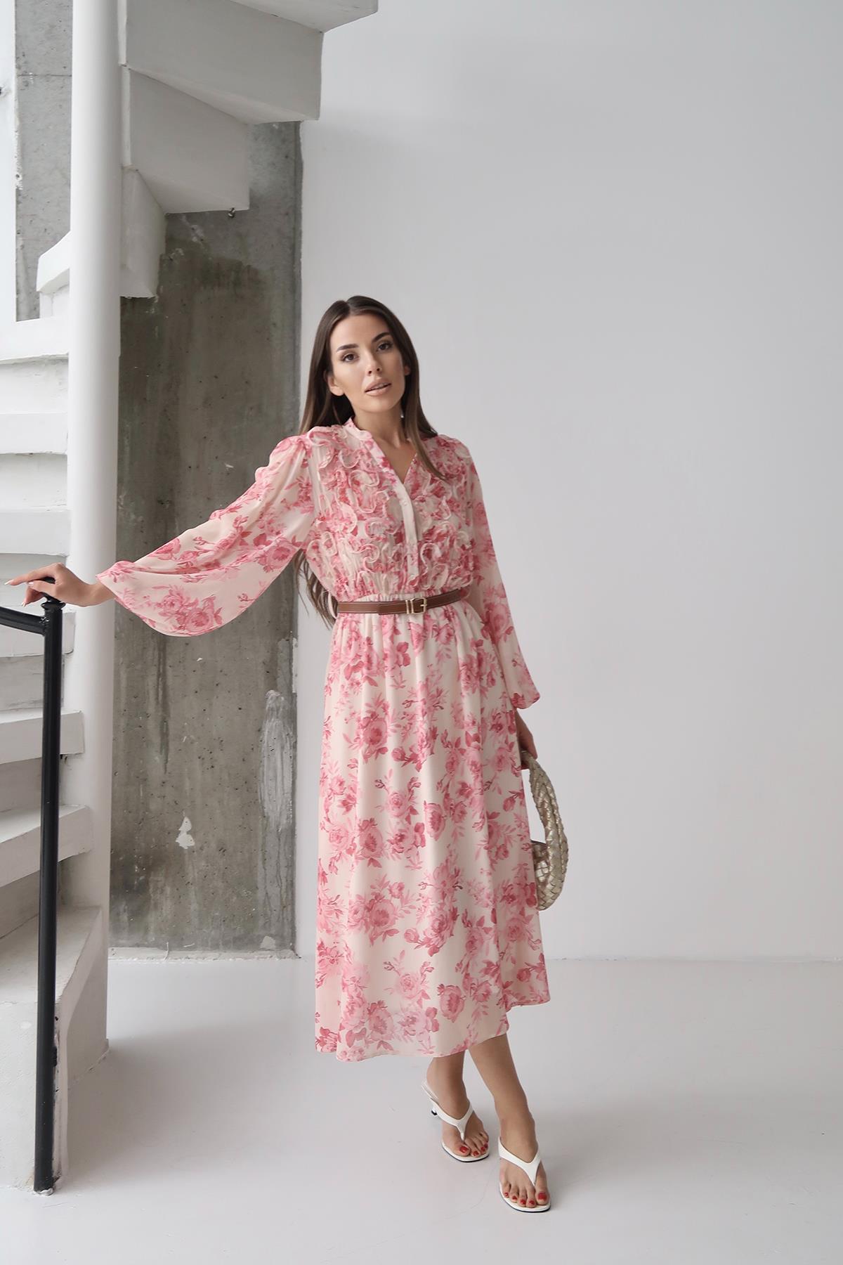 Toptan Pembe Biye Detaylı Elbise