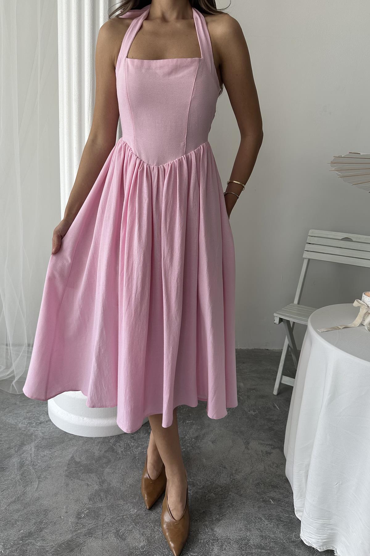 Toptan Pembe Boyundan Bağlamalı Keten Elbise