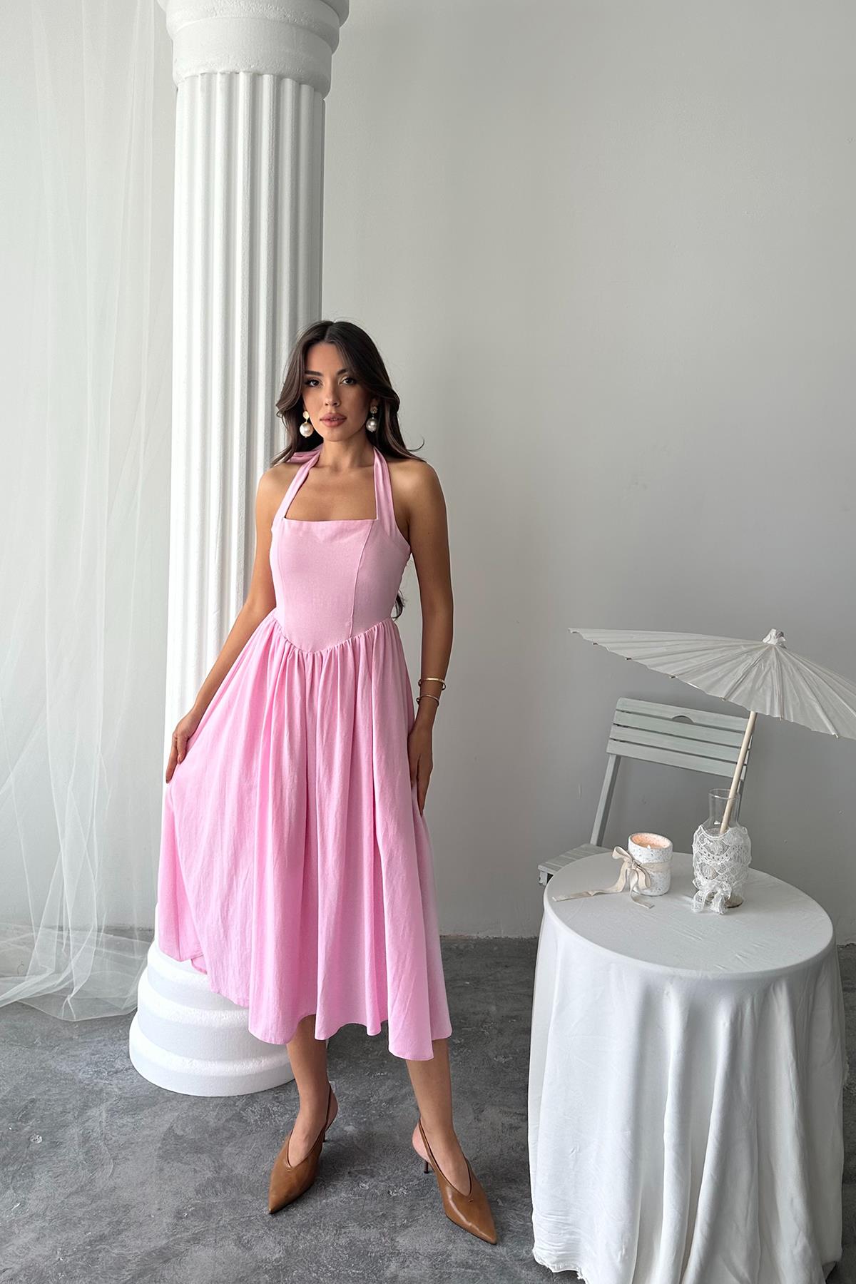 Toptan Pembe Boyundan Bağlamalı Keten Elbise Pembe L