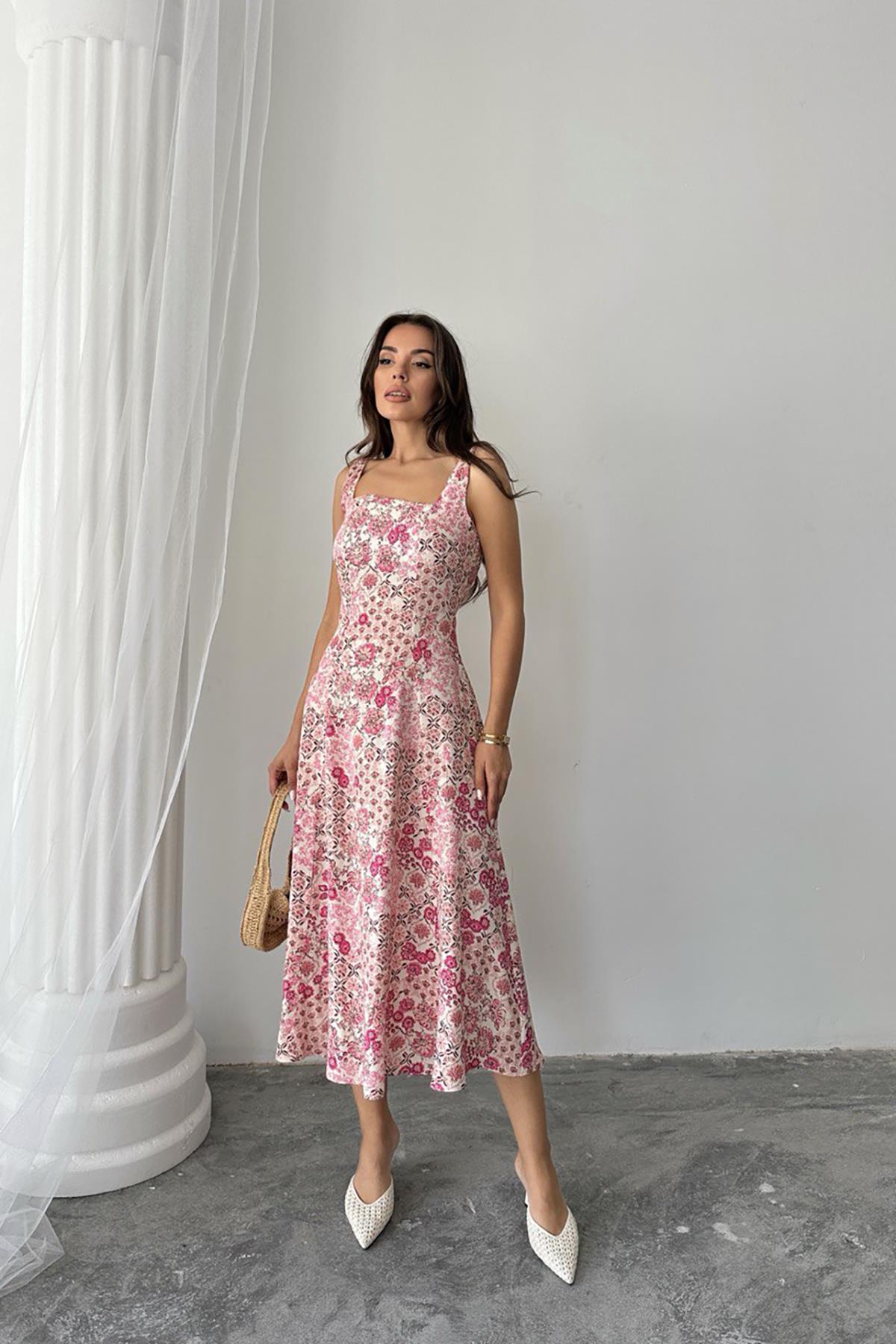 Toptan Pembe Çiçekli Viskon Elbise