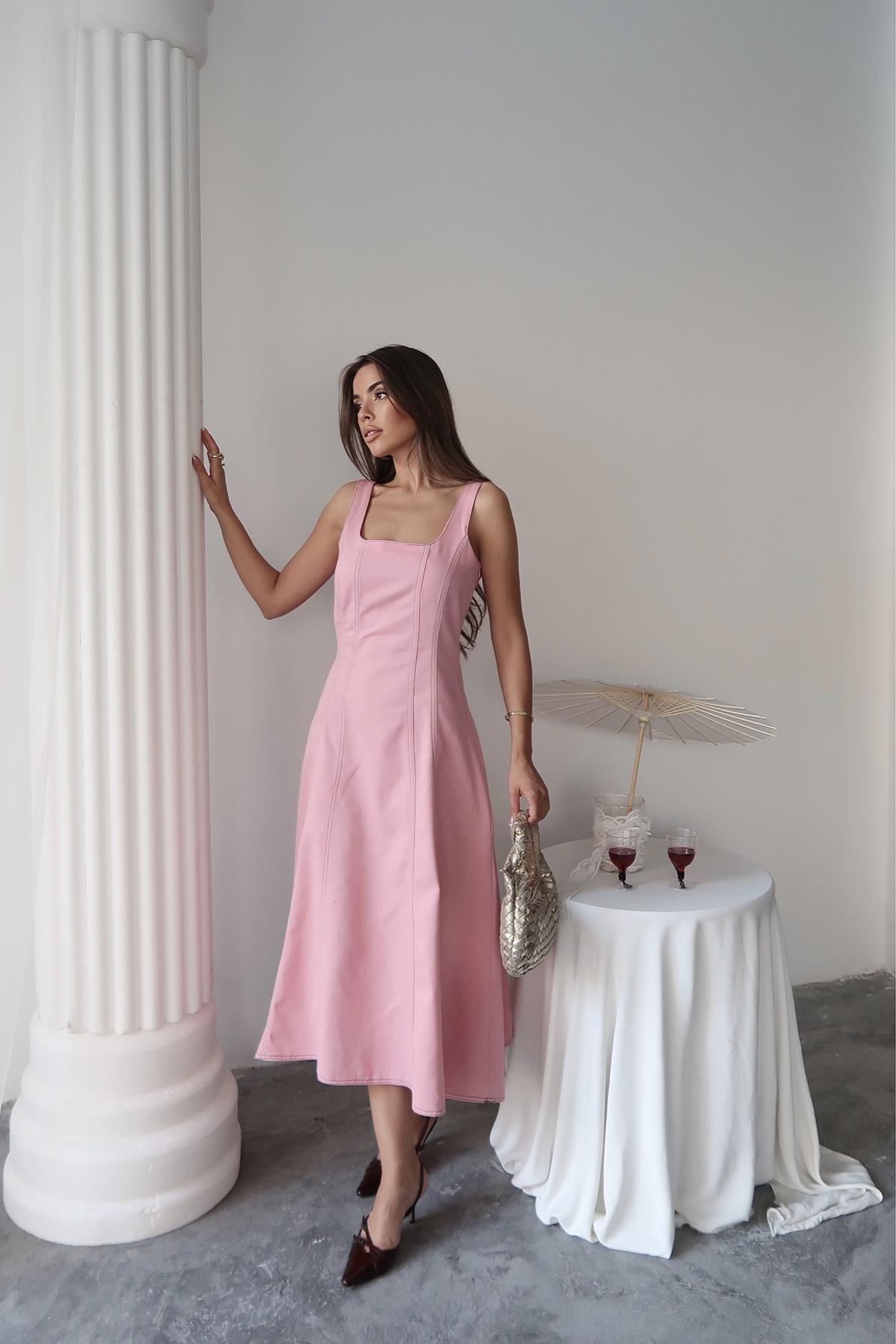 Toptan Pembe Çift Dikişli Gabardin Elbise Pembe M