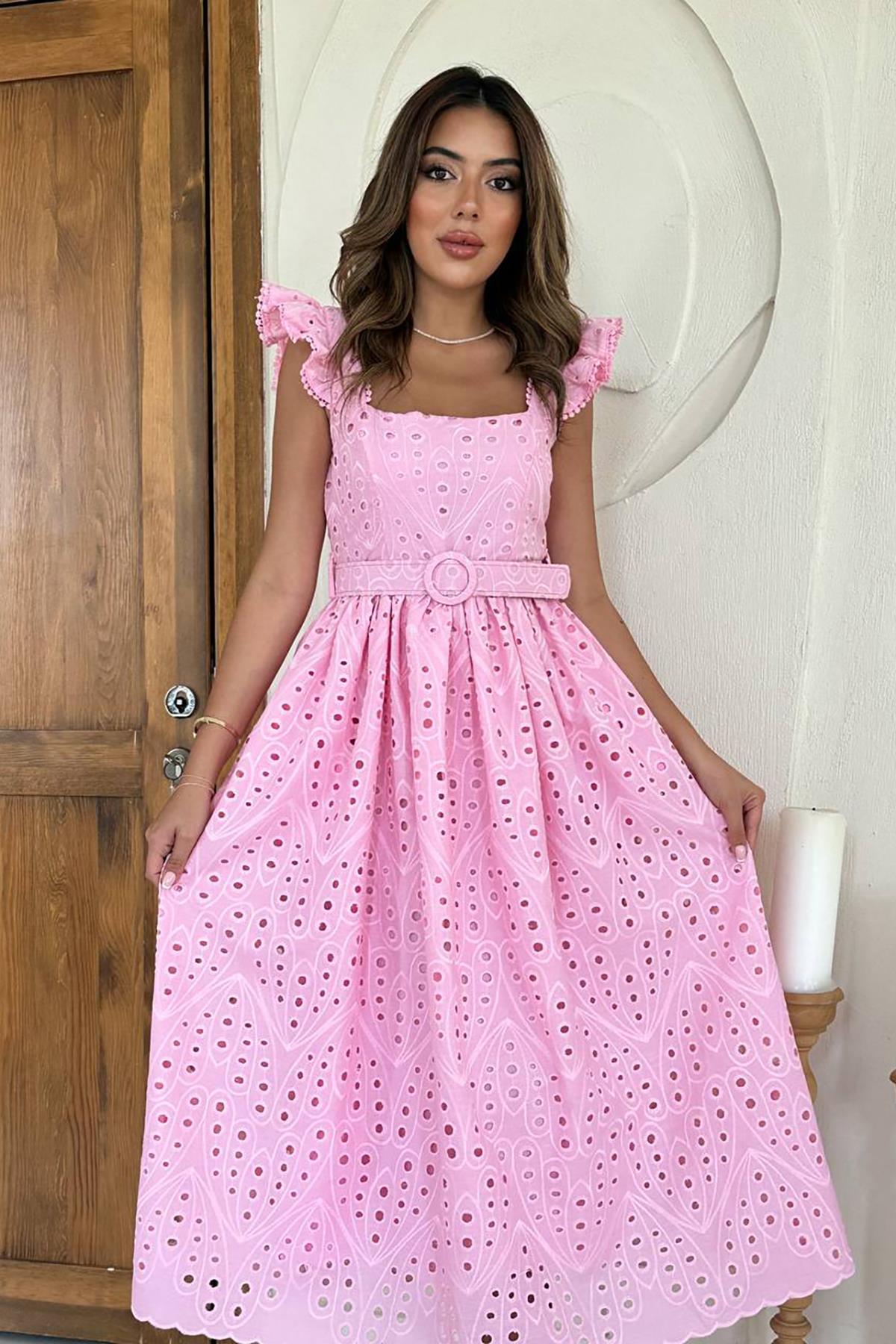 Toptan Pembe Dantelli Brode Elbise Pembe L