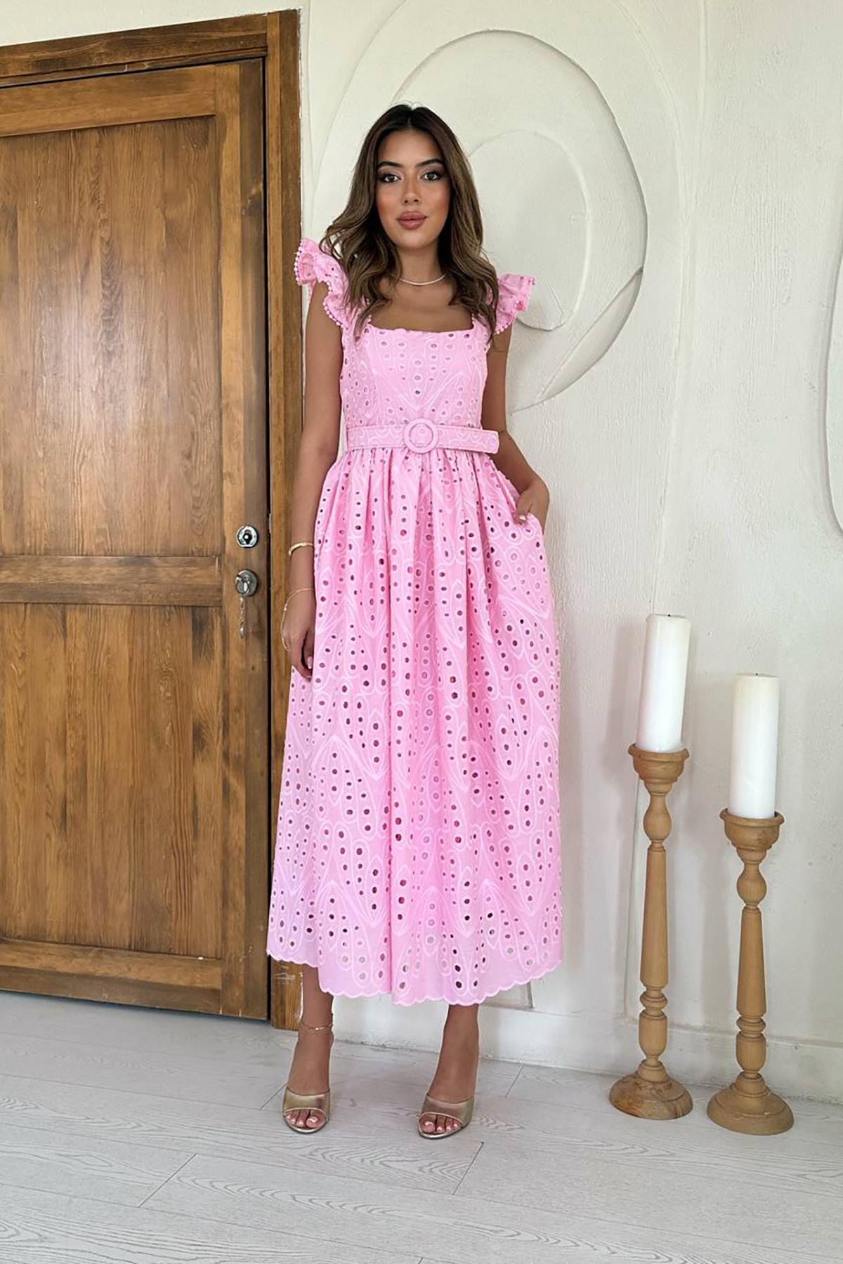 Toptan Pembe Dantelli Brode Elbise