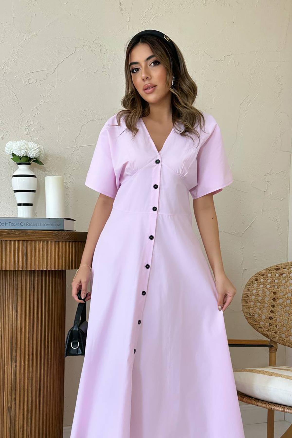 Toptan Pembe Düğmeli Midi Boy Poplin Elbise
