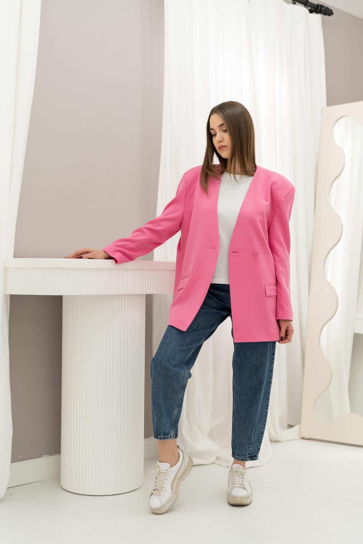 Toptan Pembe Eteği Lastikli Ceket