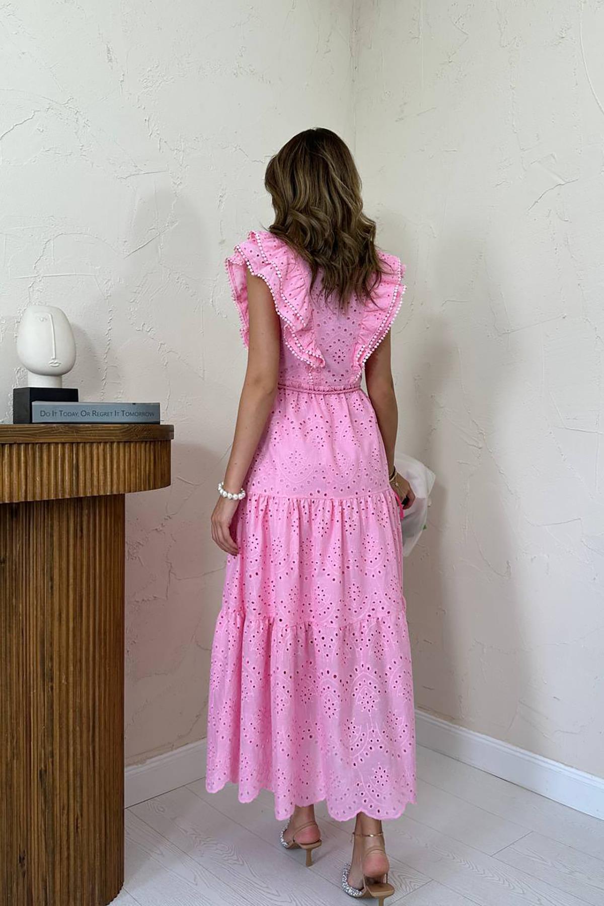 Toptan Pembe Fırfırlı Düğmeli Elbise