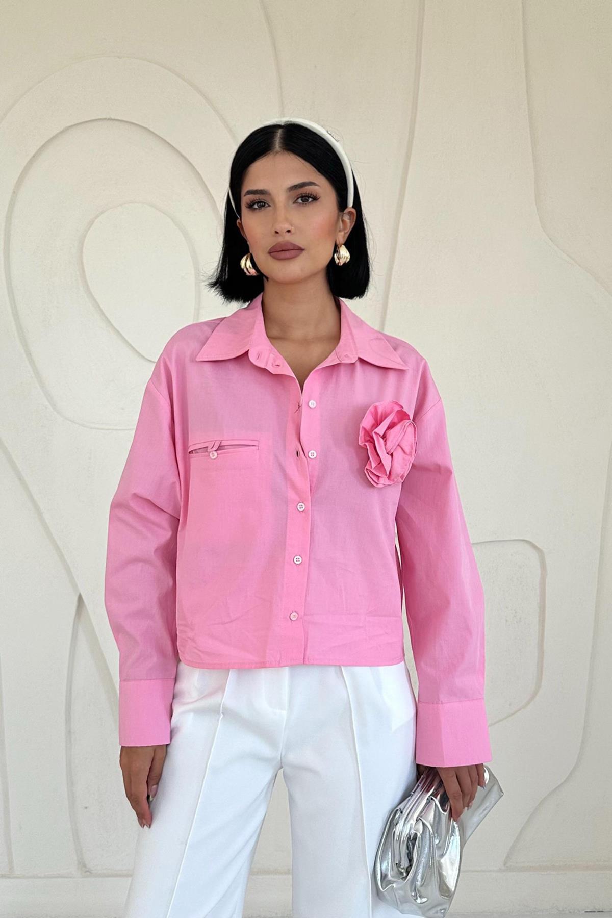Toptan Pembe Fleto Cepli Poplin Gömlek
