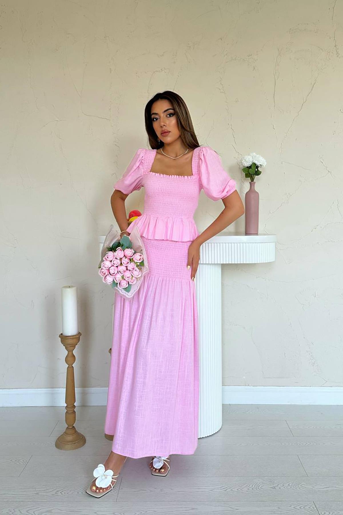 Toptan Pembe Gipeli Keten Takım Pembe L