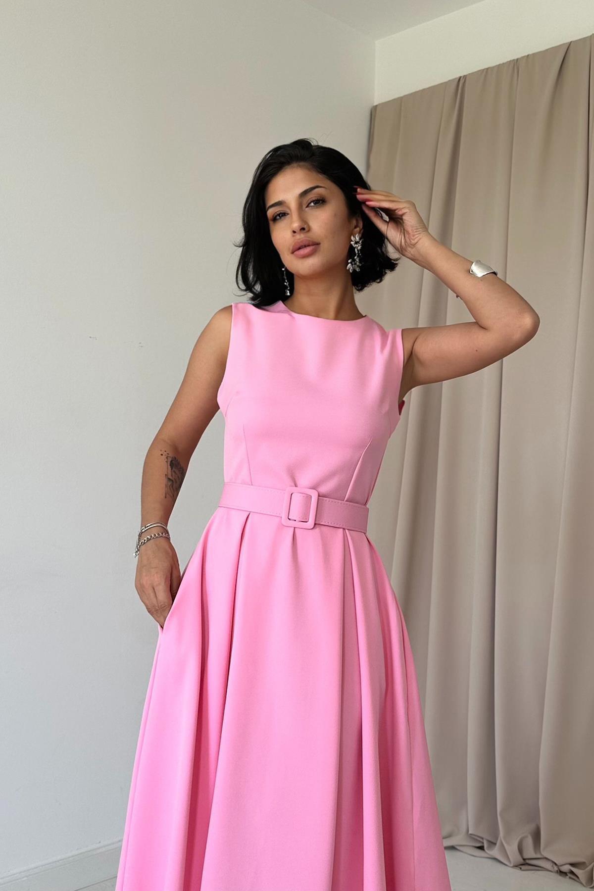 Toptan Pembe Halter Yaka Kloş Elbise