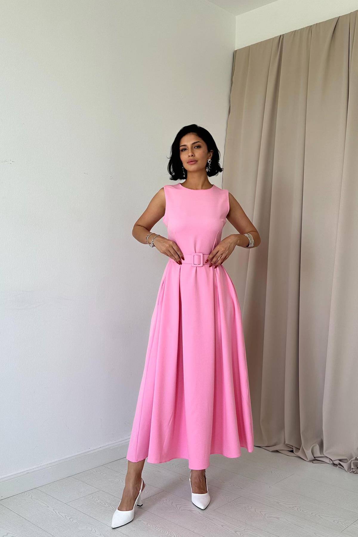 Toptan Pembe Halter Yaka Kloş Elbise Pembe L