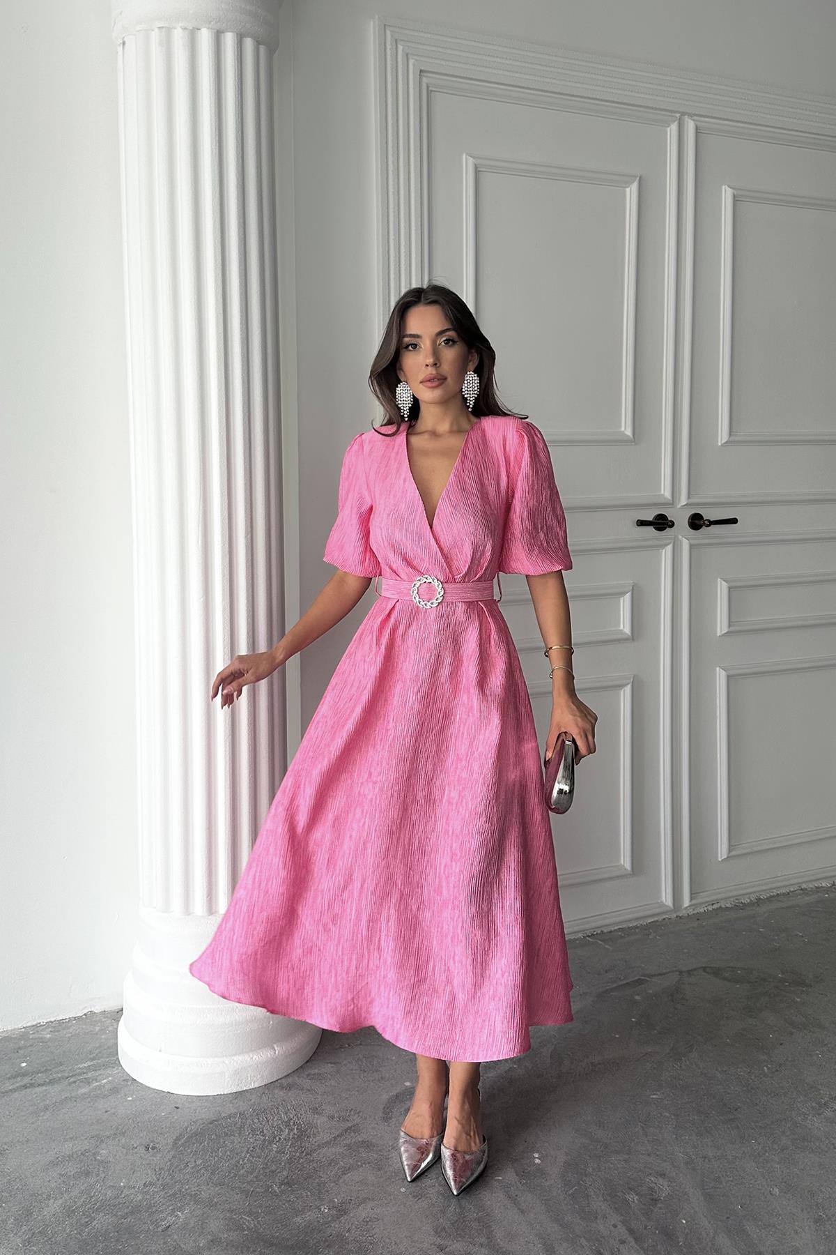Toptan Pembe Işıltılı Kemerli Kruvaze Elbise Pembe L