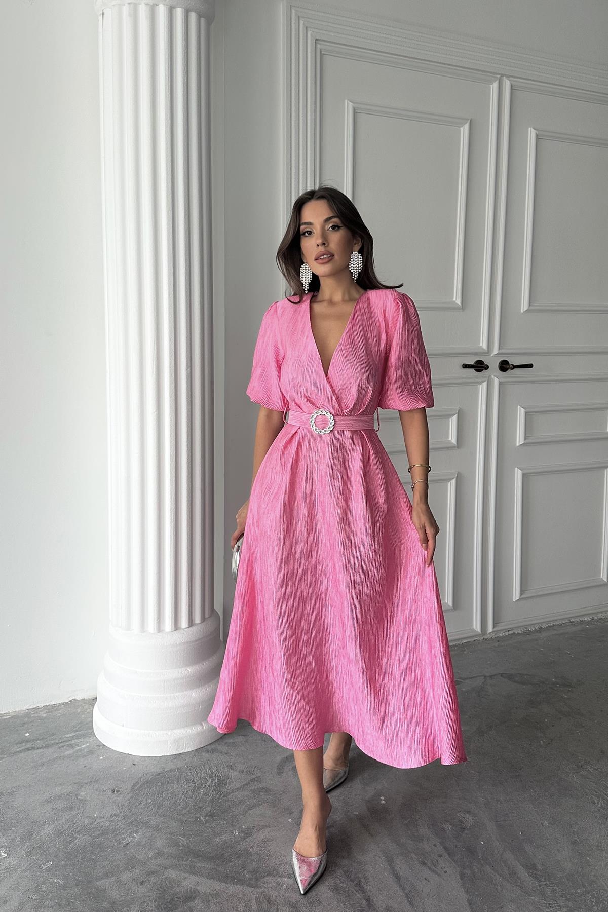 Toptan Pembe Işıltılı Kemerli Kruvaze Elbise