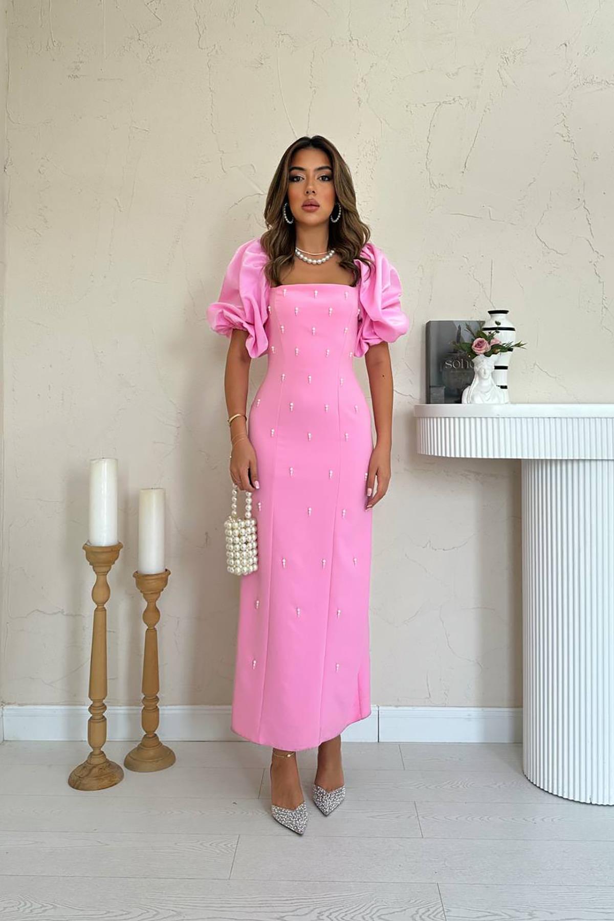 Toptan Pembe İşlemeli Kolu Garnili Elbise Pembe L