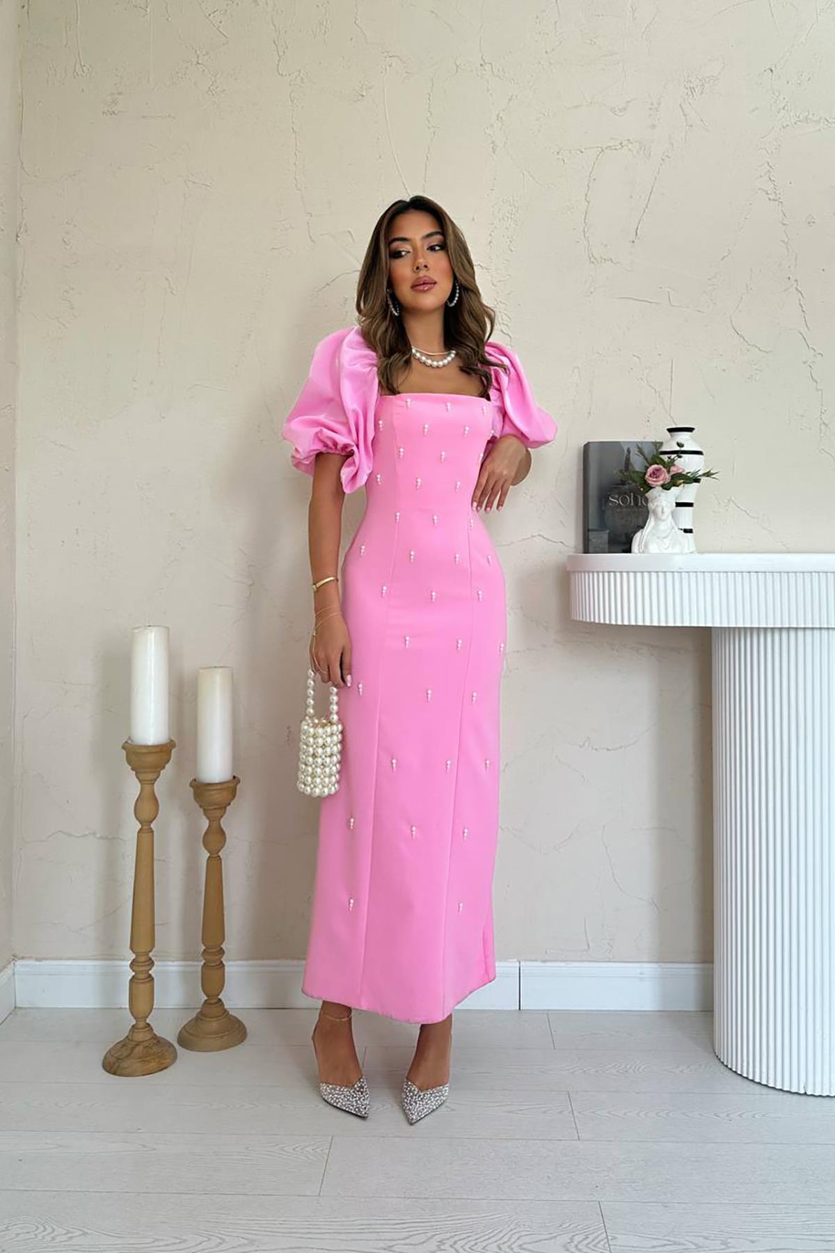 Toptan Pembe İşlemeli Kolu Garnili Elbise
