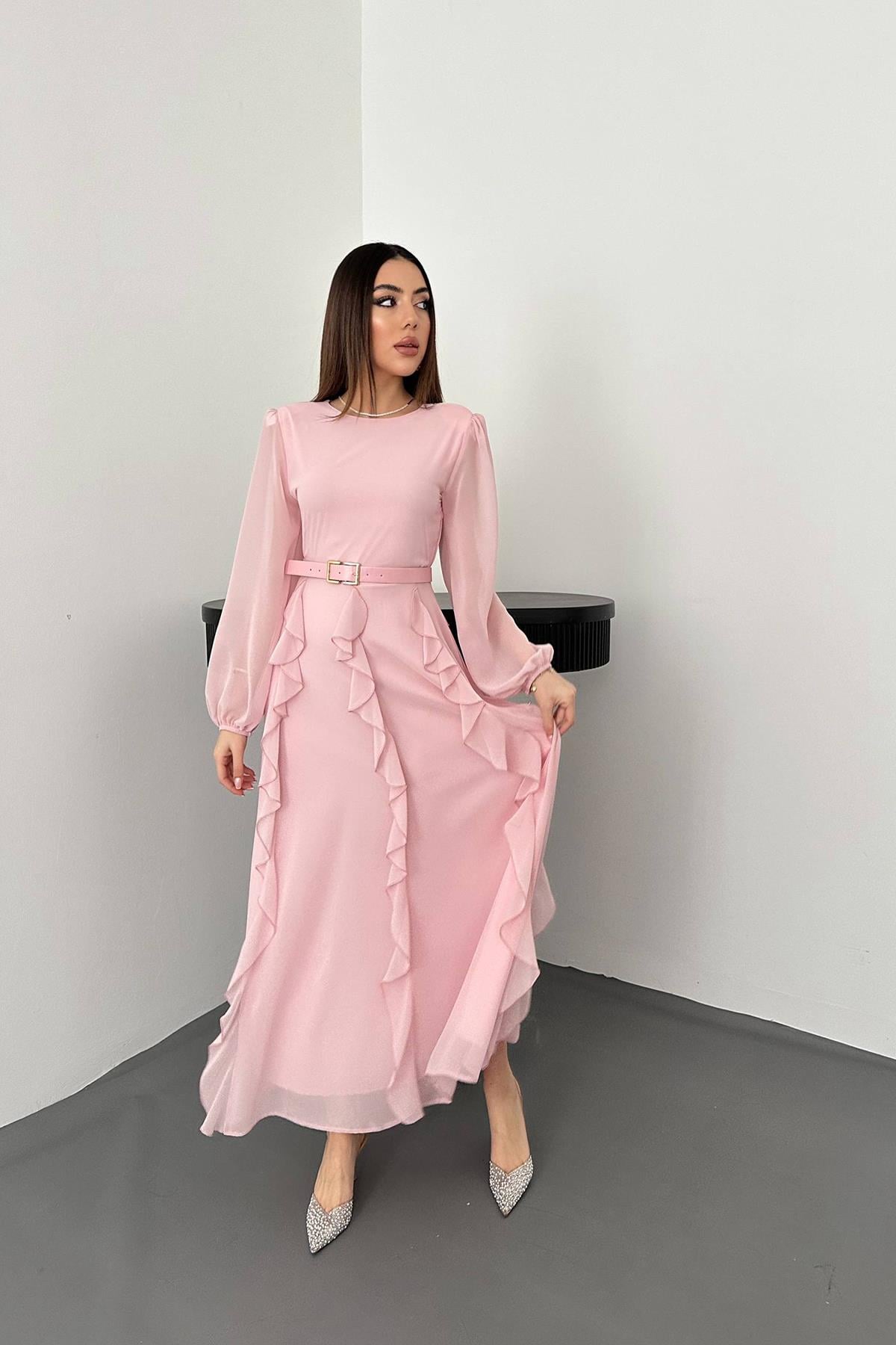 Pembe Kemerli Şifon Elbise