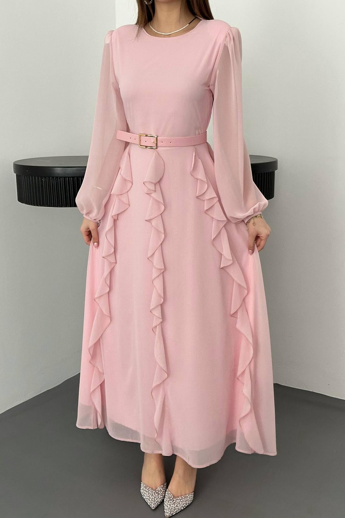 Pembe Kemerli Şifon Elbise