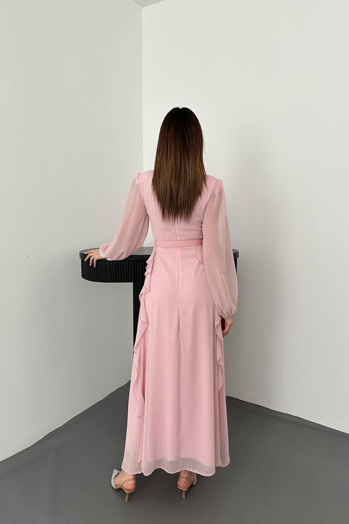 Pembe Kemerli Şifon Elbise
