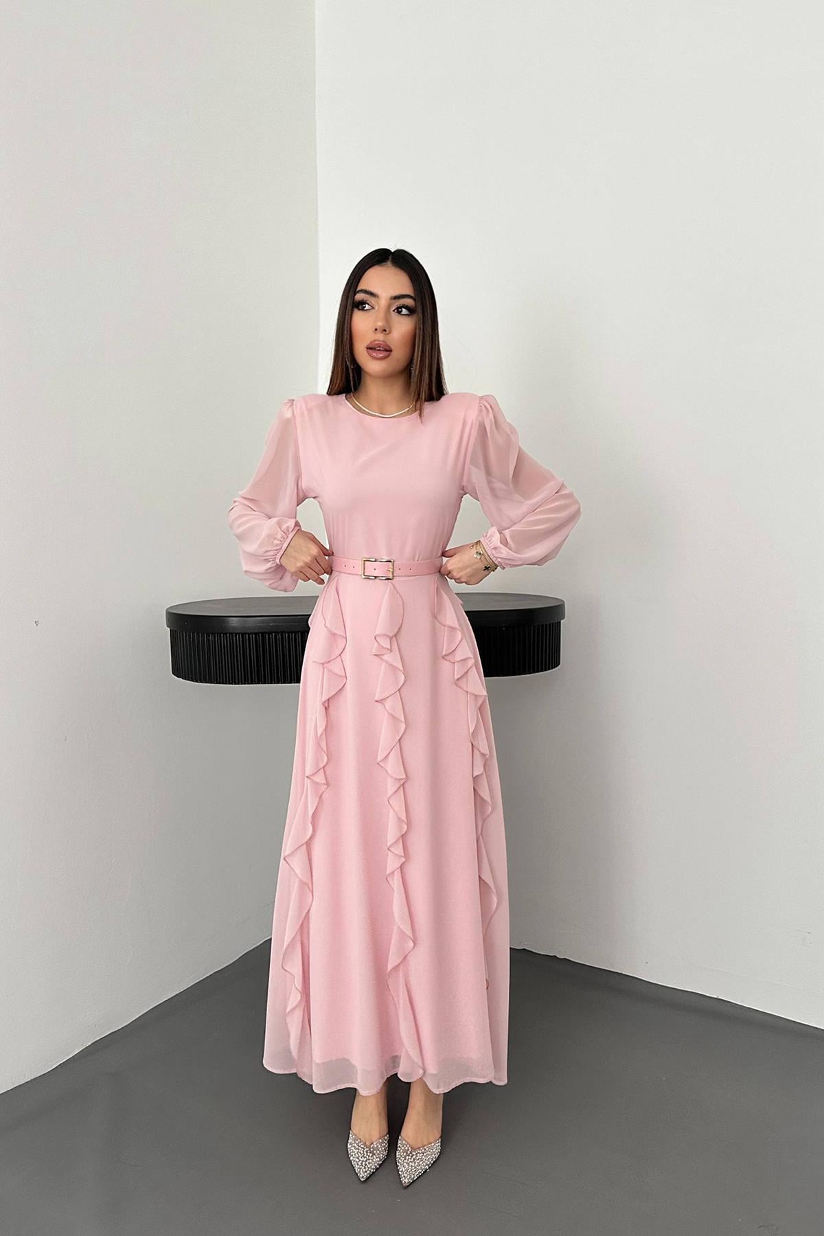 Pembe Kemerli Şifon Elbise