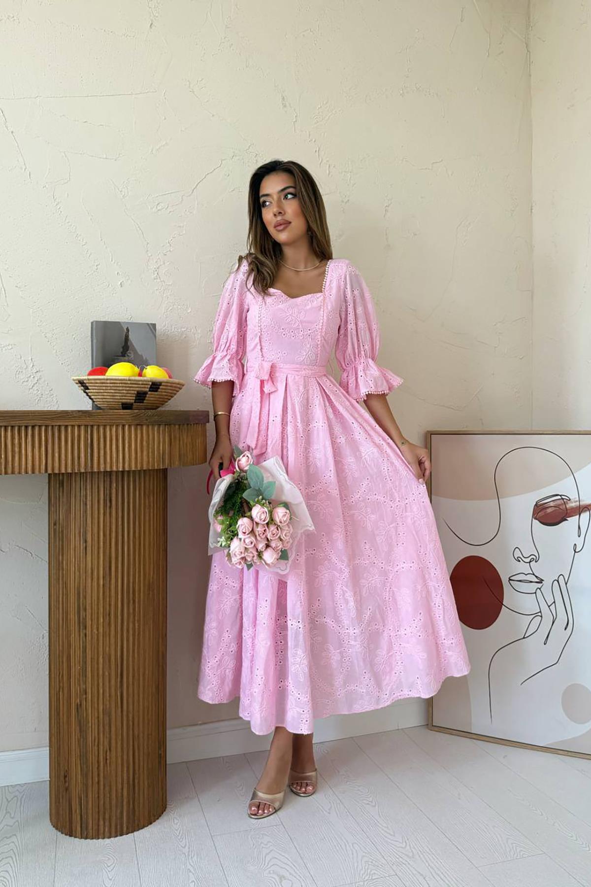 Toptan Pembe Kolu Lastikli Brode Elbise Pembe L