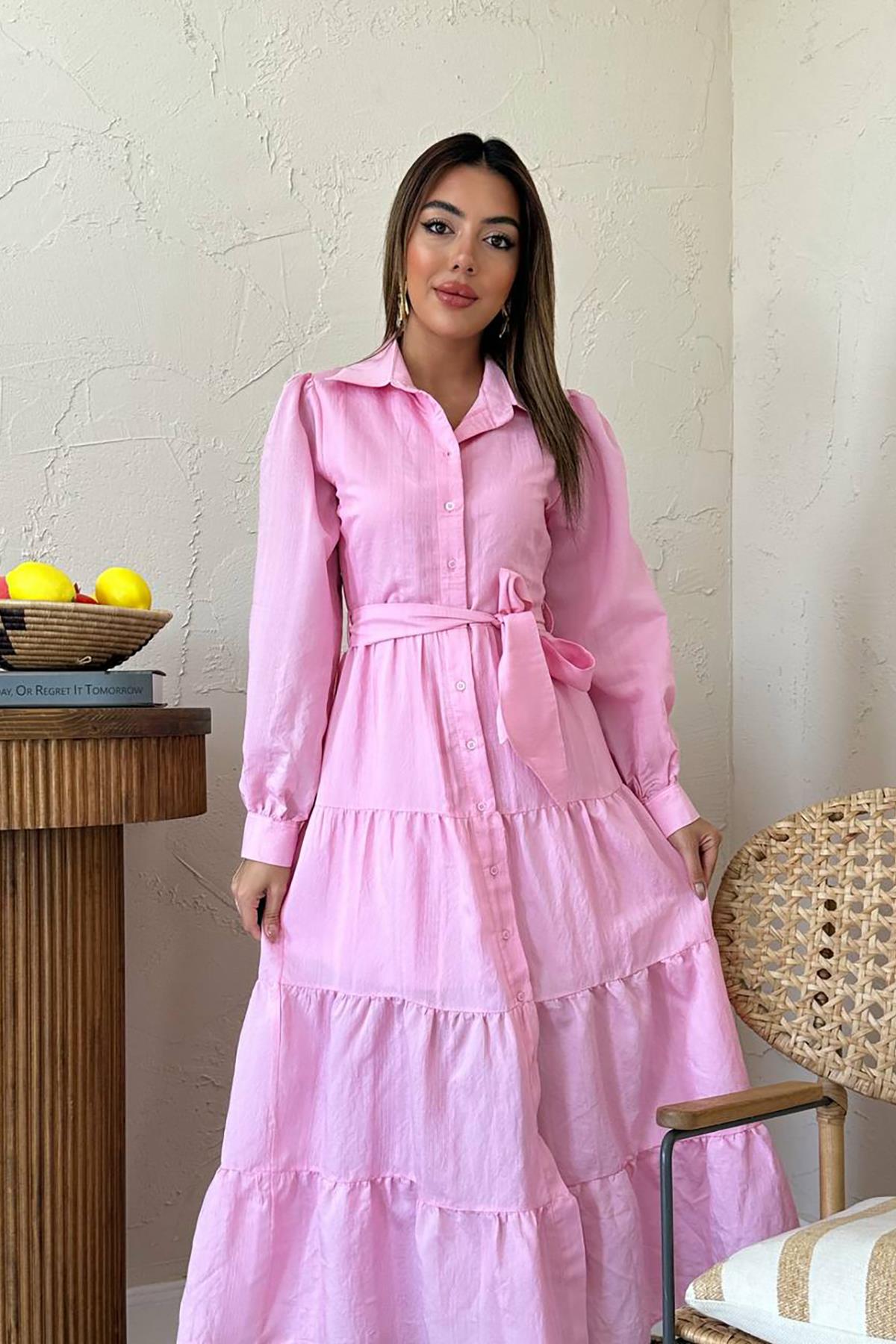 Toptan Pembe Kuşaklı Çizgi Desenli Elbise