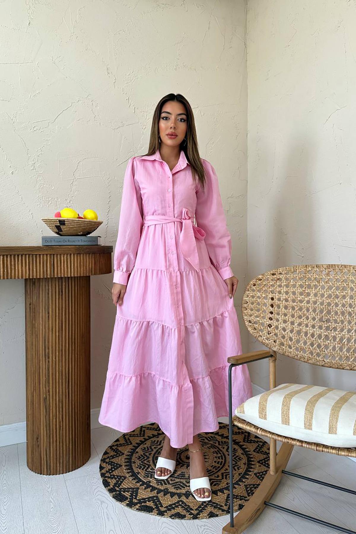 Toptan Pembe Kuşaklı Çizgi Desenli Elbise Pembe L
