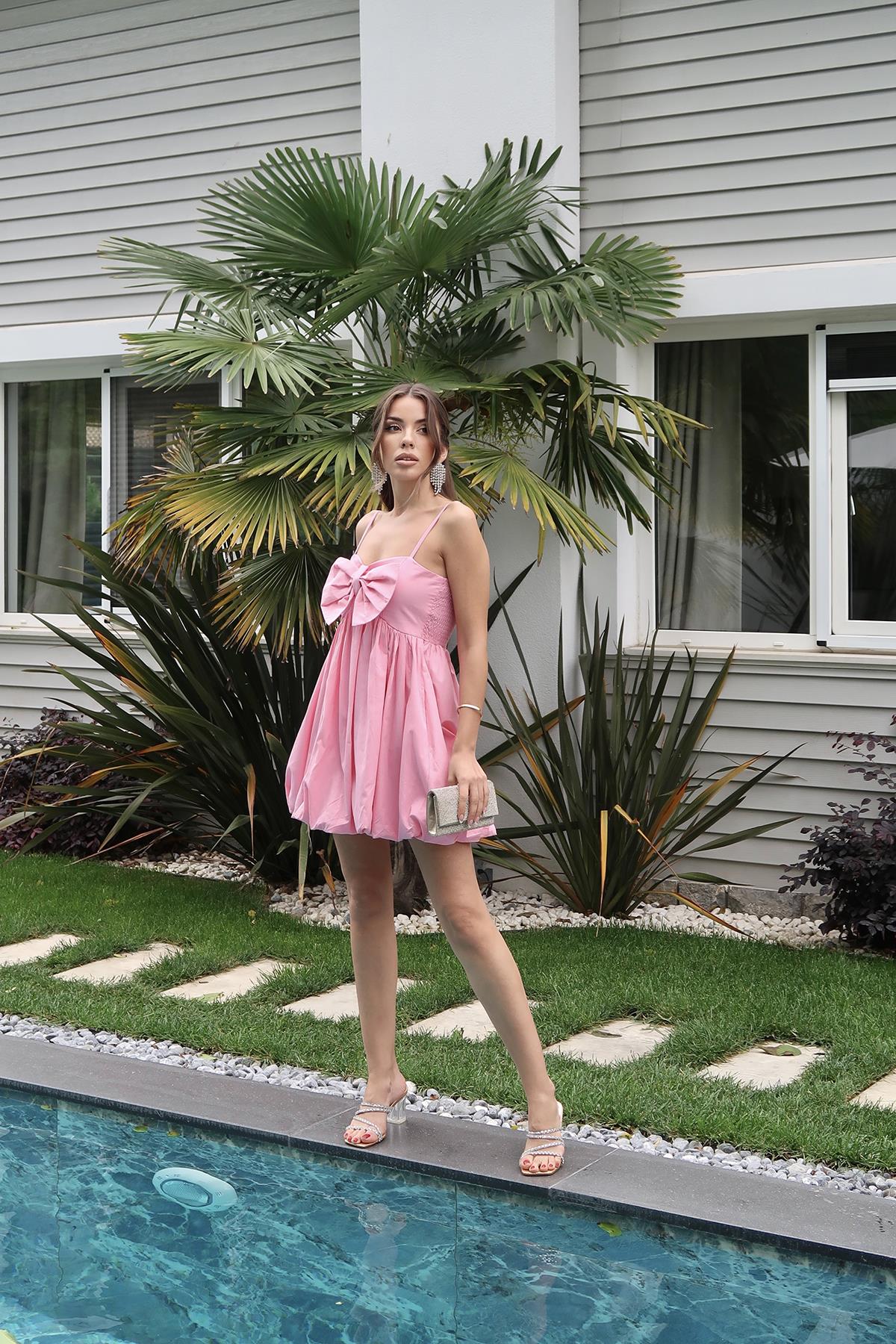 Toptan Pembe Önü Fiyonklu Askılı Elbise Pembe L