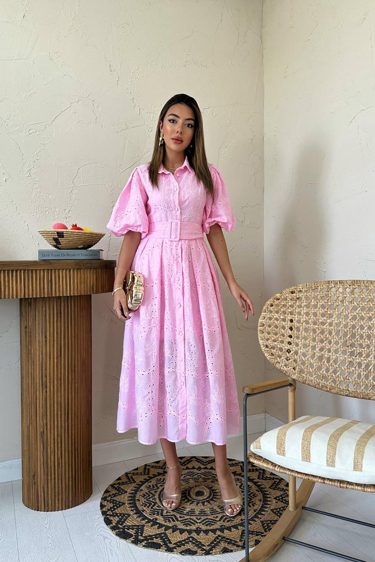 Toptan Pembe Pileli Balon Kol Elbise Pembe L