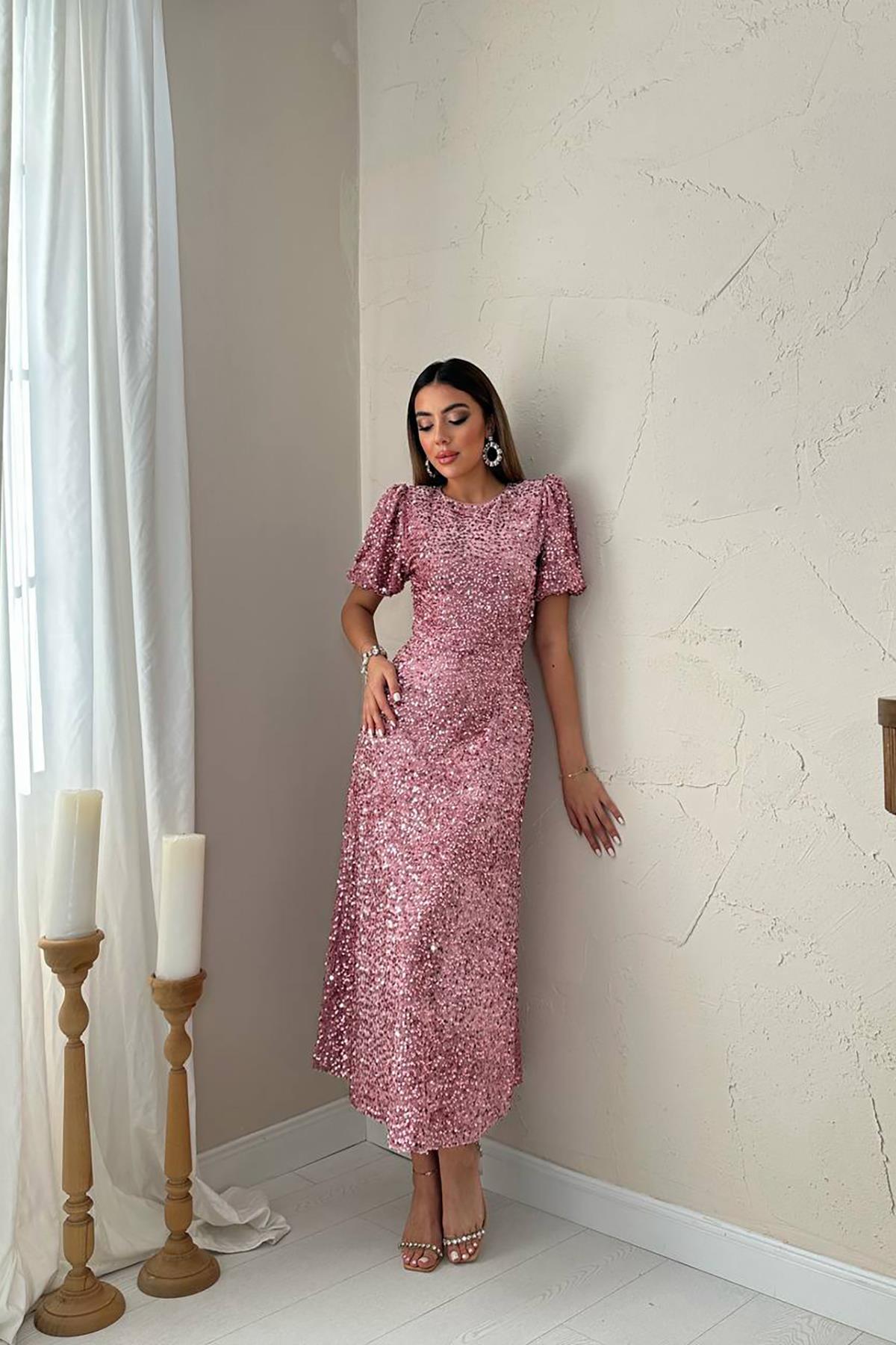 Toptan Pembe Pulpayet Elbise Pembe L