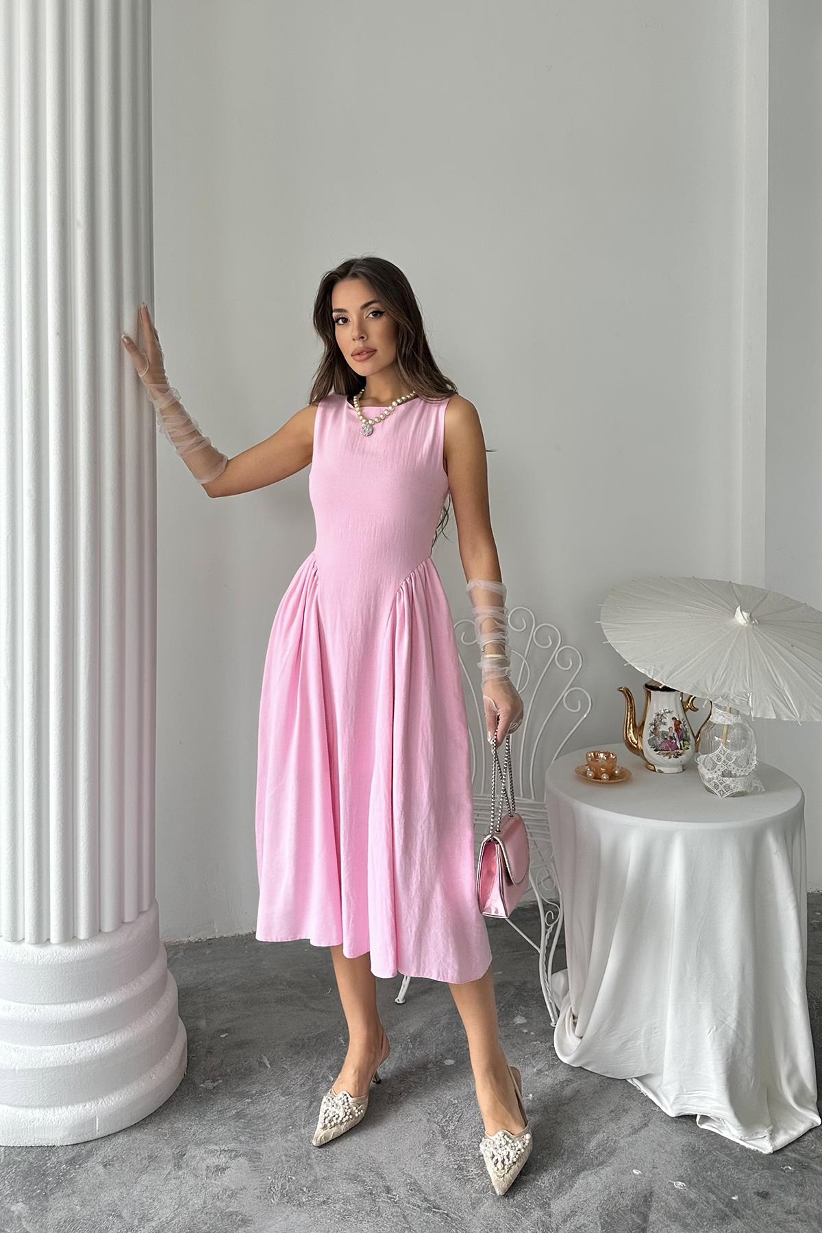 Toptan Pembe Yanları Büzgülü Midi Boy Keten Elbise Pembe L