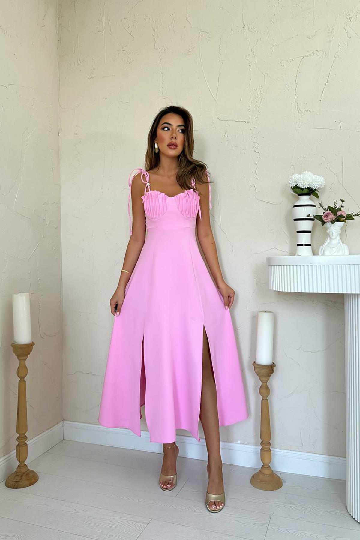 Toptan Pembe Yırtmaçlı Göğüs Kuplu Atlas Elbise Pembe L