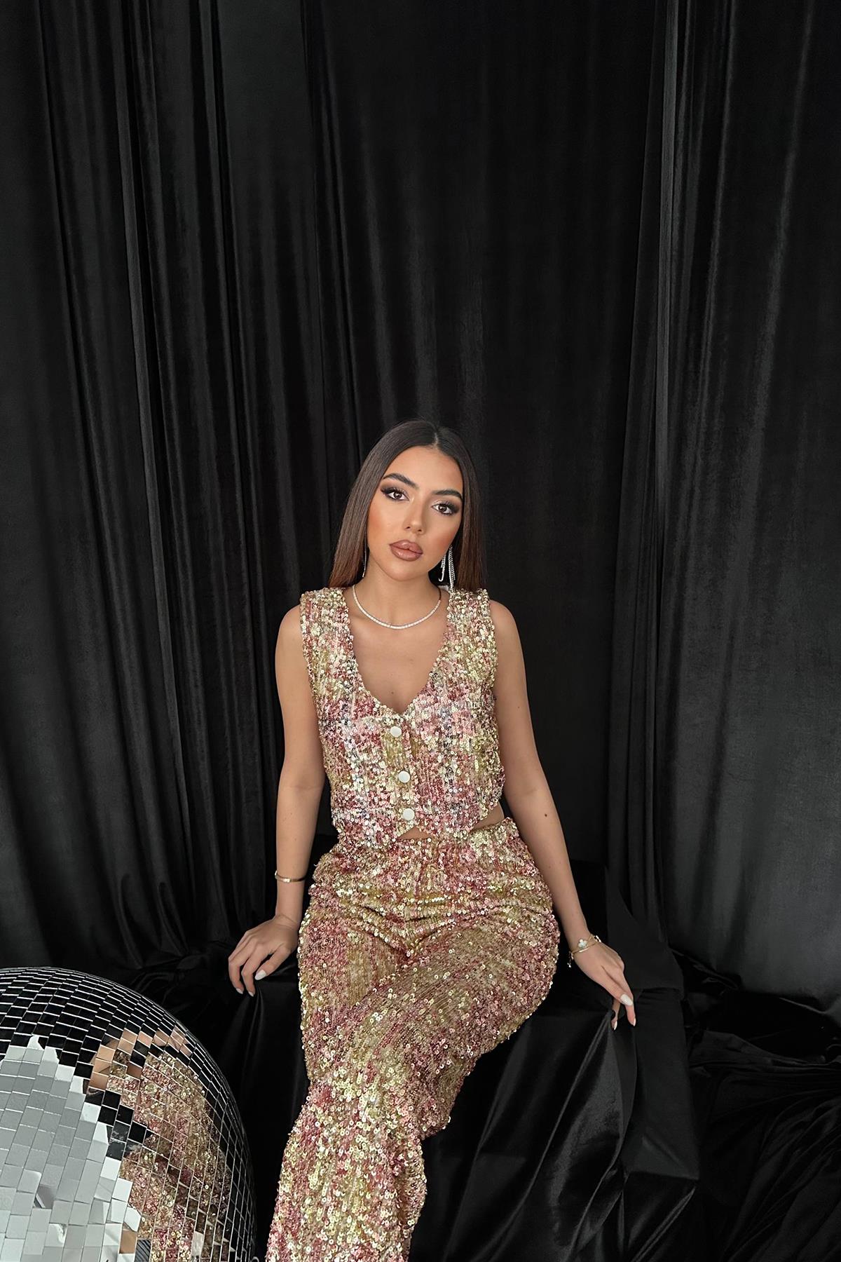 Toptan Pudra Pullu Yelek Ve Pantolon Takım