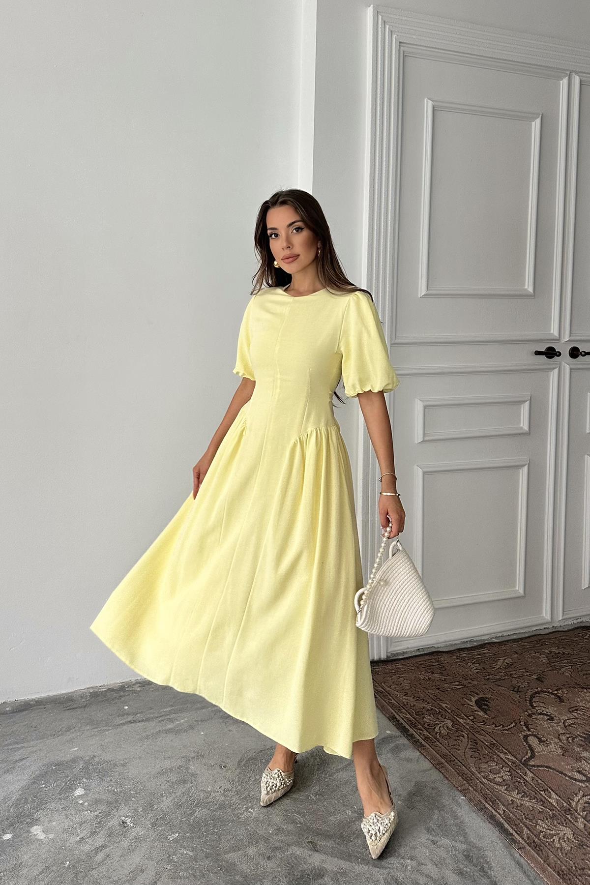 Toptan Sarı Arkadan Bağlamalı Büzgülü Keten Elbise Sarı L